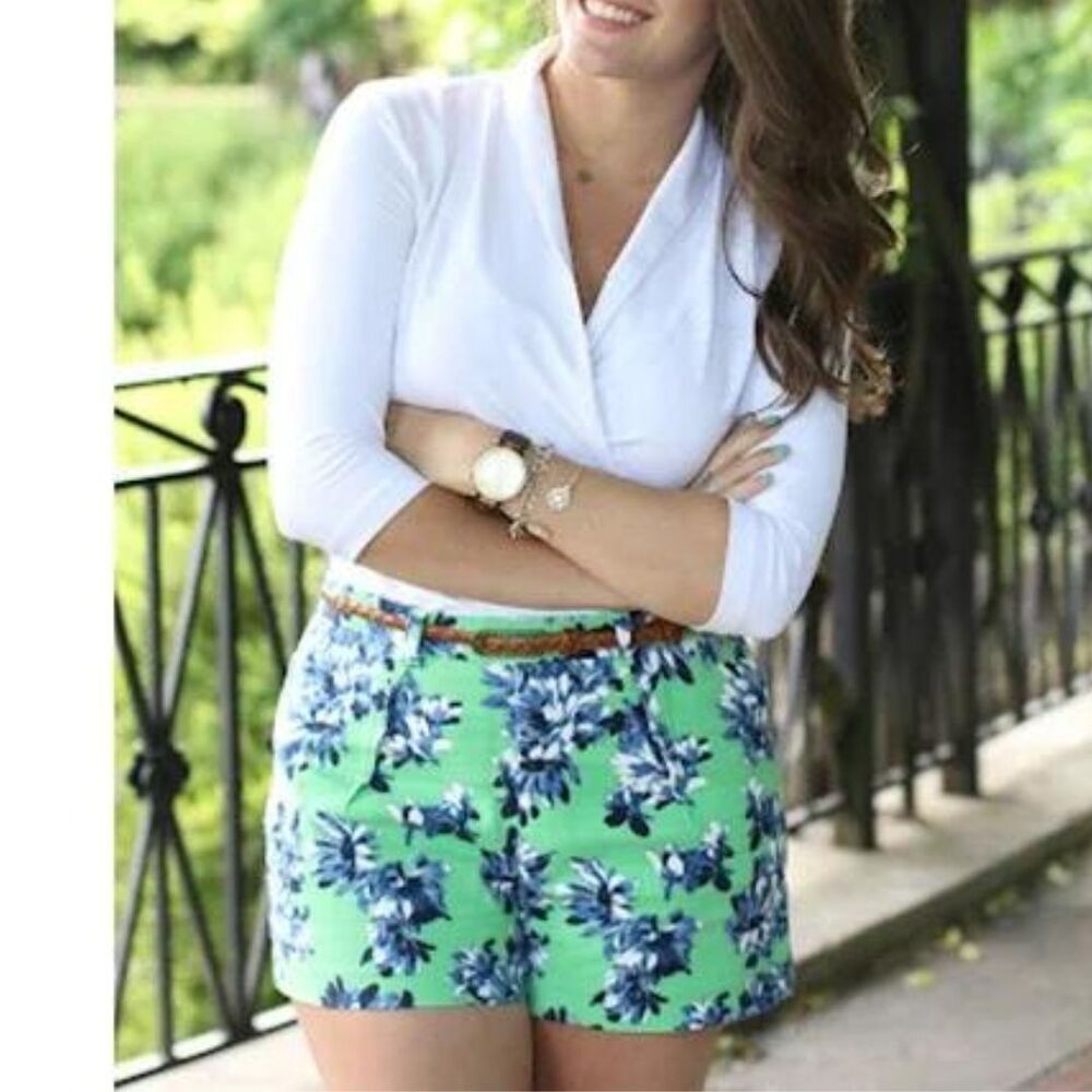 J.Crew Green & Blue Floral Print Linen Blend Pleat Front Shorts Sz 0